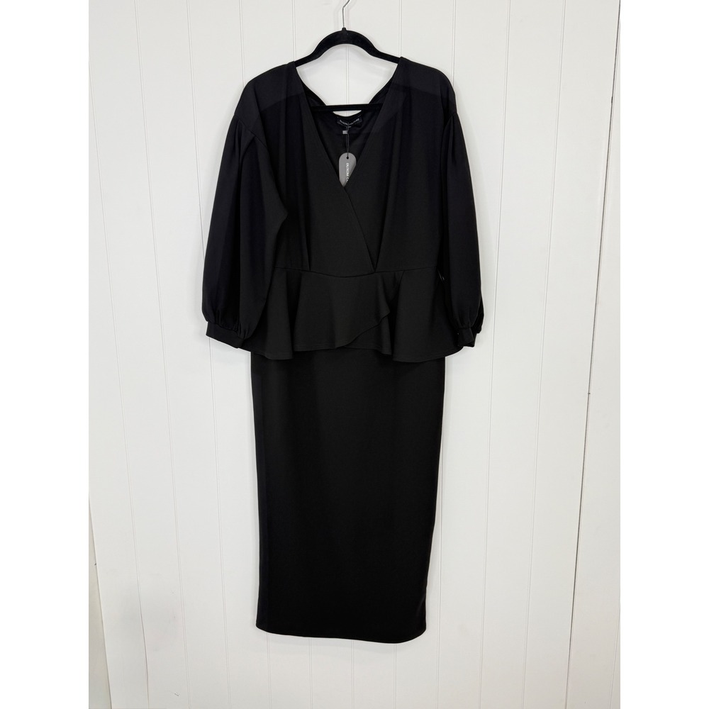 Buxom Couture Black Peplum Balloon Sleeve NWT Women 1X Midi Dress Wrap Plus Size